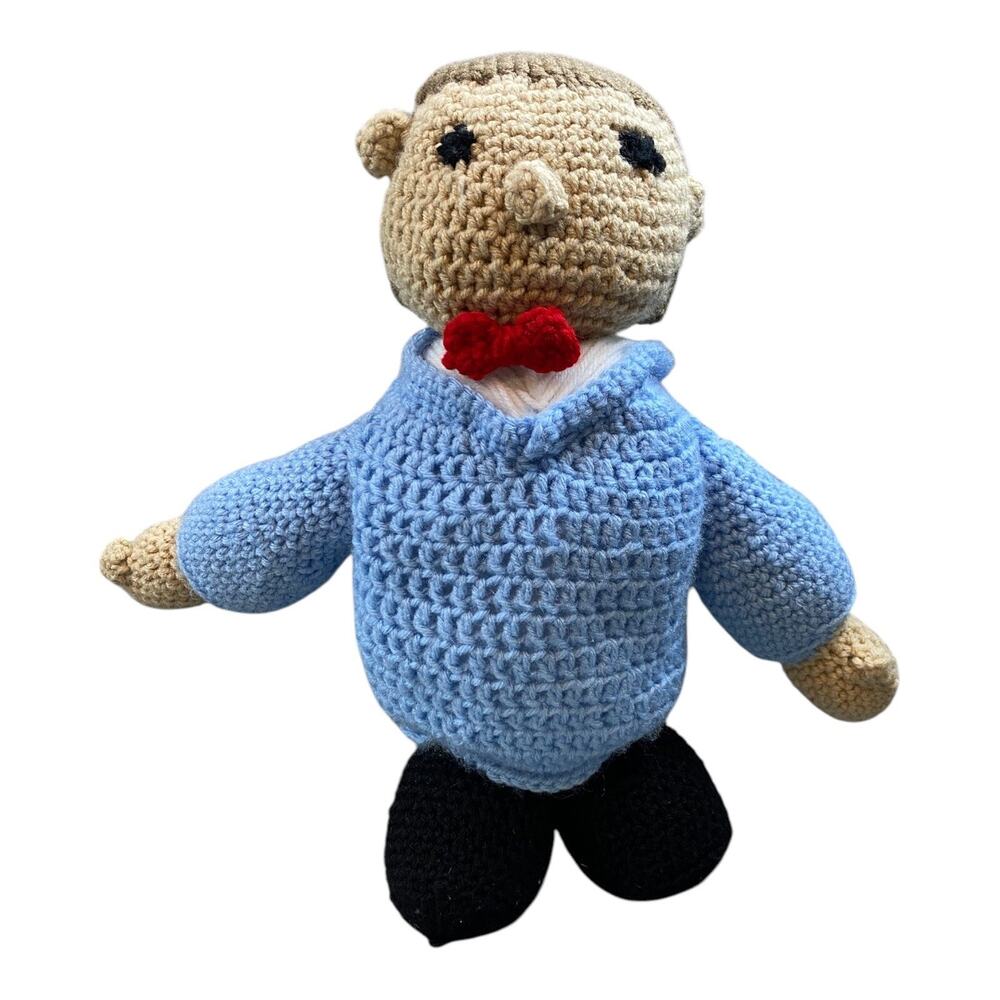 Crochet Plush Doll Mr. Roger’s Style 16.5” Handmade Preppy Man Bow Tie